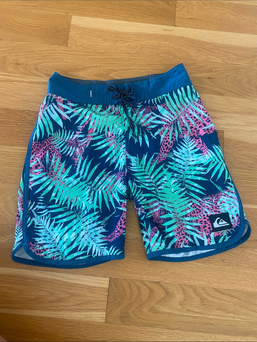 Quiksilver Kids Tropical Leaf Swim Shorts in Teal & Pink.